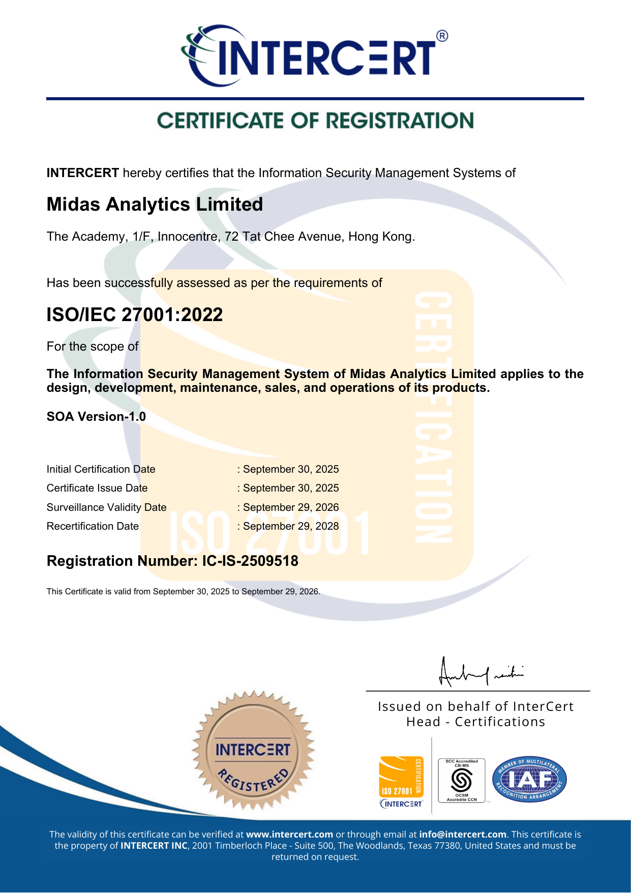 ISO 27001 certificate — Midas Analytics